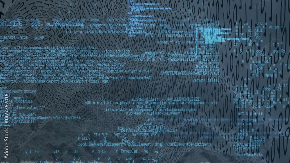 Poster binary code flowing in undulating blue waves, forming abstract digital pattern in 3d render