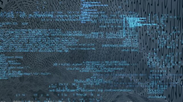 Binary code flowing in undulating blue waves, forming abstract digital pattern in 3D render