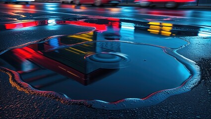 Vibrant city reflections dance in a puddle after a rain shower. The dark asphalt contrasts with the bright neon lights.