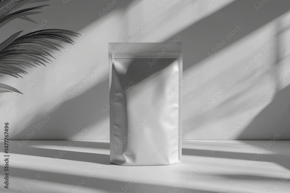 Poster minimalist product packaging mockup in studio setting with palm leaf shadows for branding and design