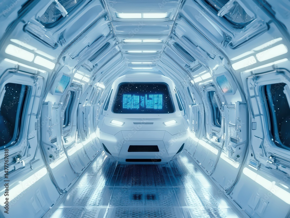 Poster futuristic spacecraft interior with sleek design and high-tech control panels in a sci-fi environmen