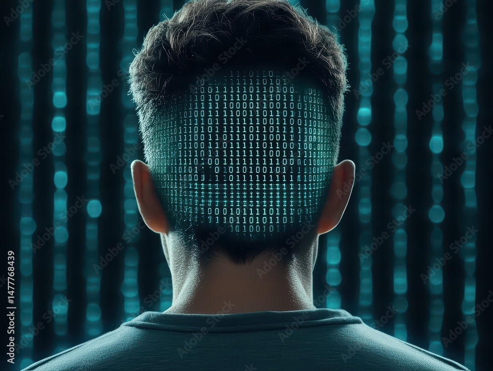 Poster portrait of young man with digital binary code representing artificial intelligence and technology-i