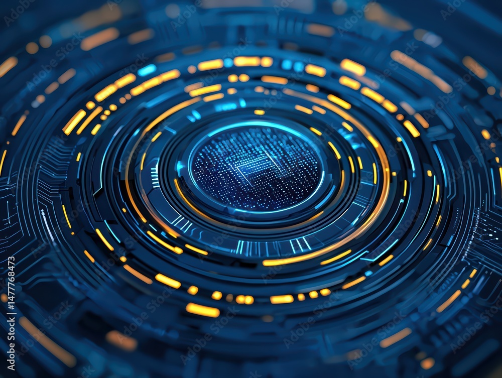 Poster abstract digital background with circular patterns and glowing elements in blue and orange colors