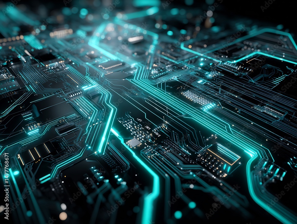 Poster detailed close-up of an illuminated teal computer circuit board abstract