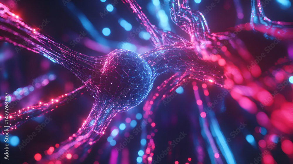 Poster abstract neural network visualization with pink and blue glowing particles