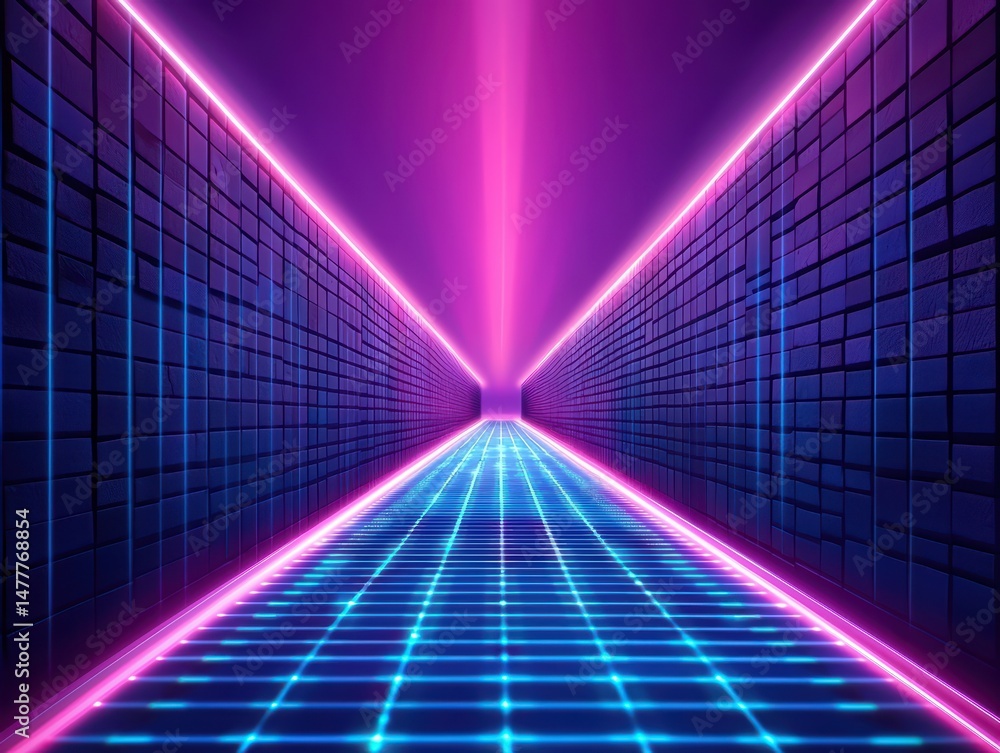 Aufkleber futuristic neon corridor with vibrant lights and grid pattern creating a surreal digital experience