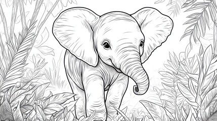 Young small happy baby elephant in the jungle. Children coloring book for kids