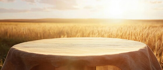 Fototapeta premium Table with linen tablecloth in golden wheat field at sunset, eye-level shot, idyllic rural scene, warm light, rustic charm, summer harvest