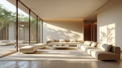 Sun-drenched minimalist living room with expansive windows overlooking a tranquil courtyard. Neutral tones and sleek lines create a serene atmosphere.