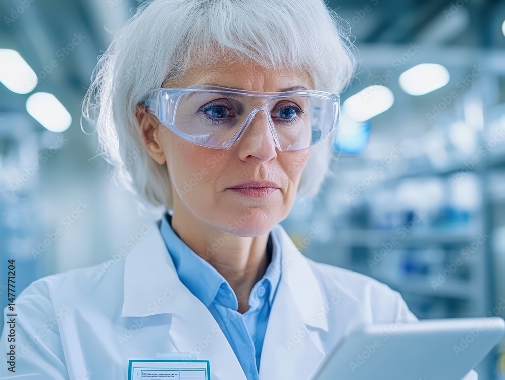 Poster female scientist in laboratory wearing protective gear and using digital tablet for research and dat