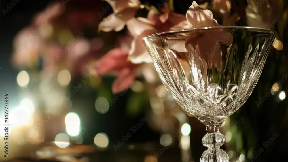 Poster a close-up view of a wine glass on a table, perfect for use in food and beverage related content