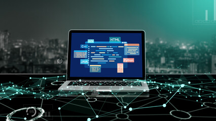 Software development or programming work with coding screen of various programming languages like HTML, , , and C brisk for new application development