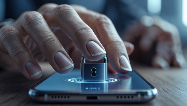 Close-up of a woman's hand activating a digital lock on a smartphone screen. The image evokes a sense of security and digital protection.