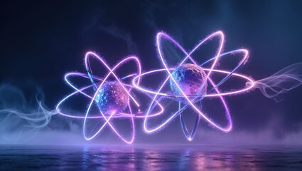 Two vibrant, glowing atoms, rendered in purple and blue hues, with smoky trails, create a mesmerizing futuristic scene.