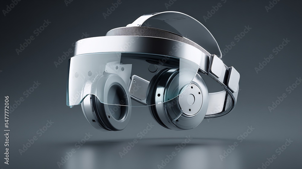 Poster sleek augmented reality headset floating in a modern futuristic setting