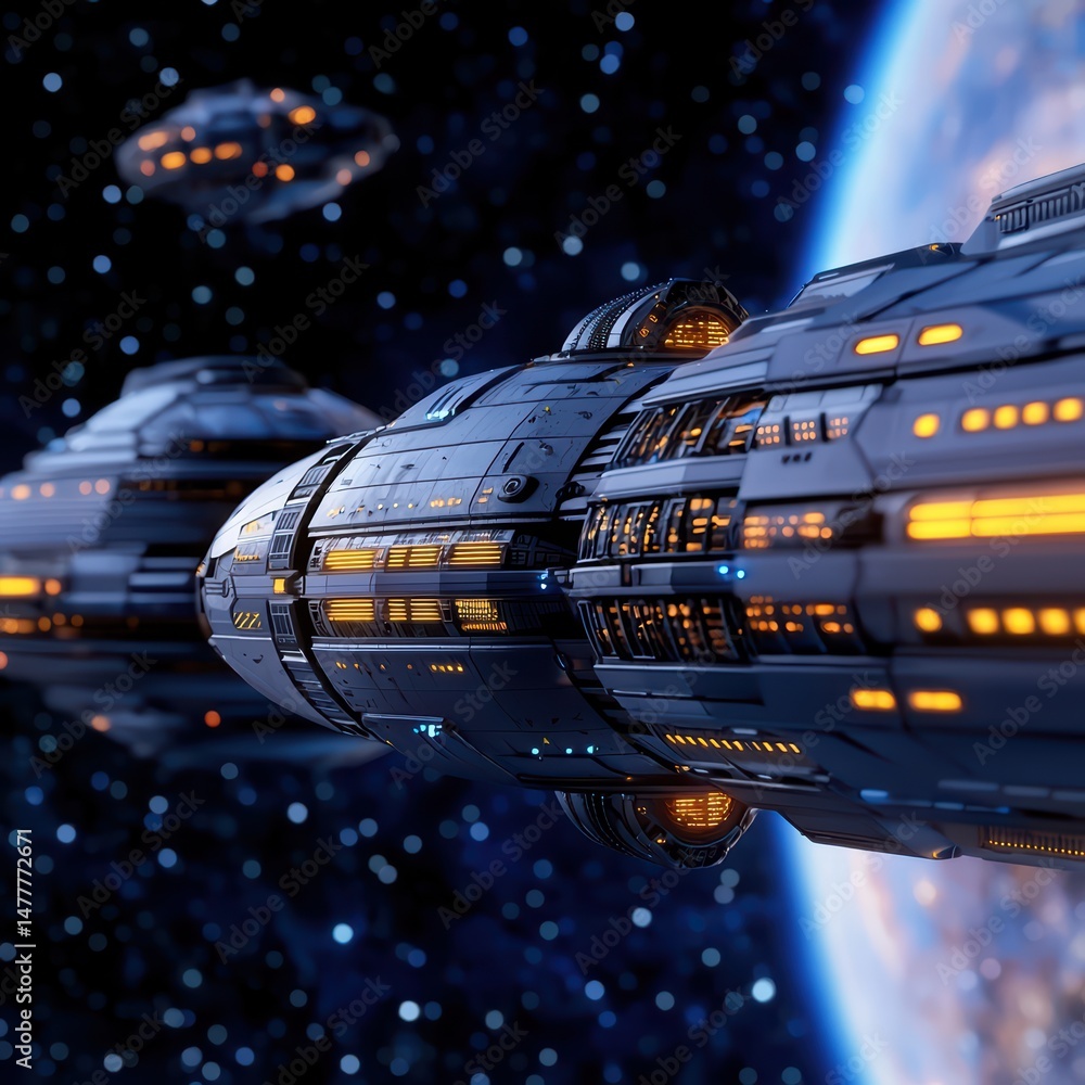 Poster futuristic spaceship fleet traveling through deep space with cosmic background and glowing elements