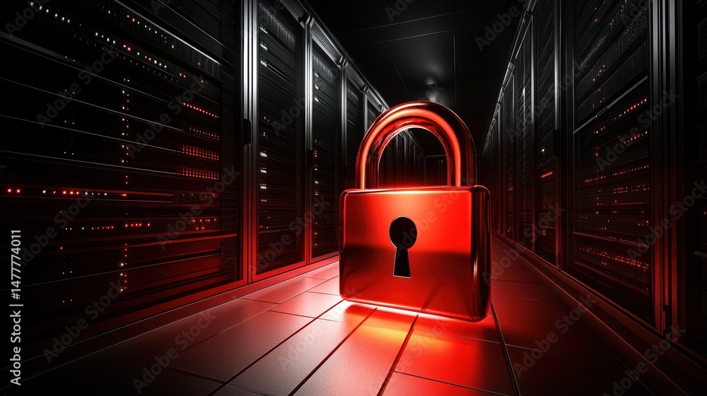 Aufkleber a glowing red padlock icon symbolizes security and data protection in a modern server environment.