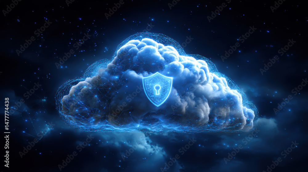 Poster digital cloud with security shield representing data protection and cybersecurity in a blue, cosmic 