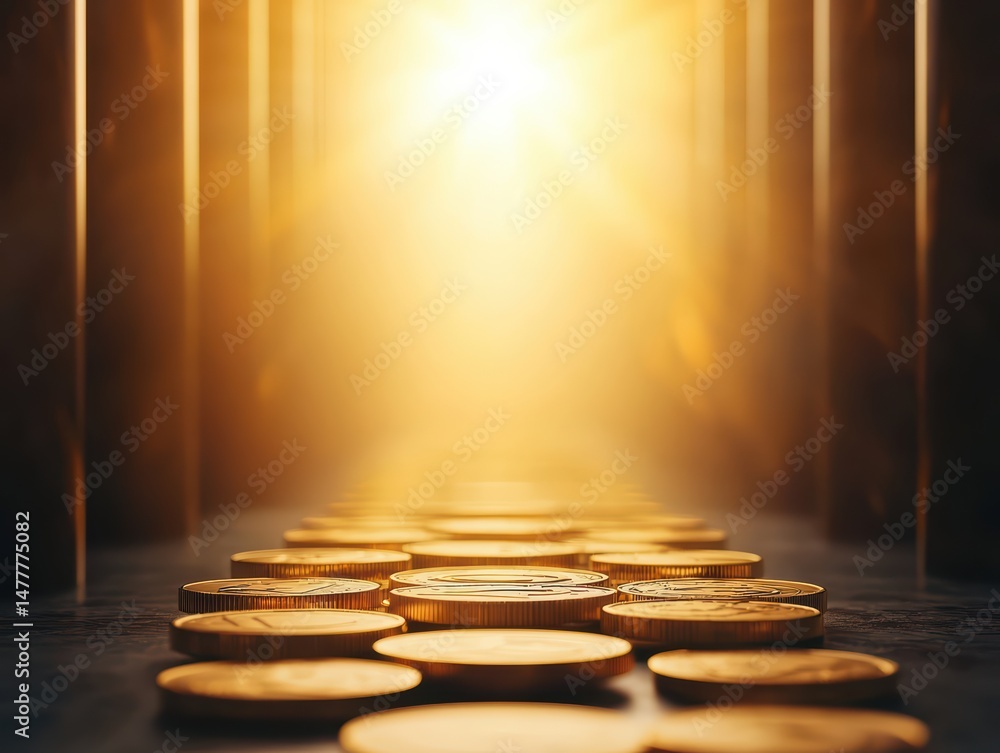 Poster golden coins reflecting light in a mysterious pathway surrounded by shadows and soft glow