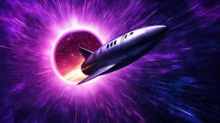 Futuristic Rocket Traveling Through Vibrant Cosmic Black Hole Surrounded by Colorful Nebula and Stars