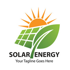 Eco-friendly solar energy logo with sun, Green leaf and solar panel, Renewable power source icon for sustainability, Clean environment brand identity, Graphic for eco and renewable electricity