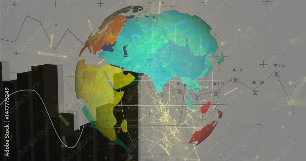 Aufkleber 3d globe rotating with glowing network lines and floating numeric markers on digital dashboard