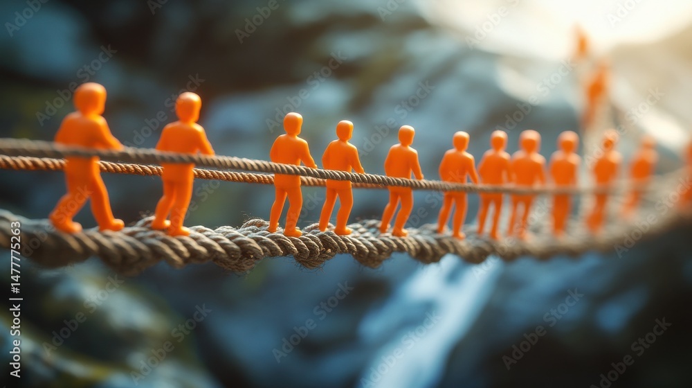 Aufkleber a line of orange figurines representing teamwork and perseverance crosses a rope bridge, symbolizing