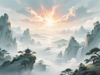Zen Mountain Landscape with Rising Sun and Foggy Valley Featuring a Chinese Pagoda Temple and Pixelated Finish