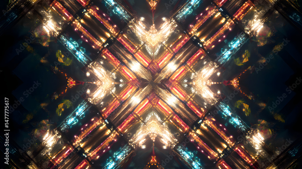 Poster abstract kaleidoscope: vivid colors burst into symmetrical patterns, creating a mesmerizing kaleidos