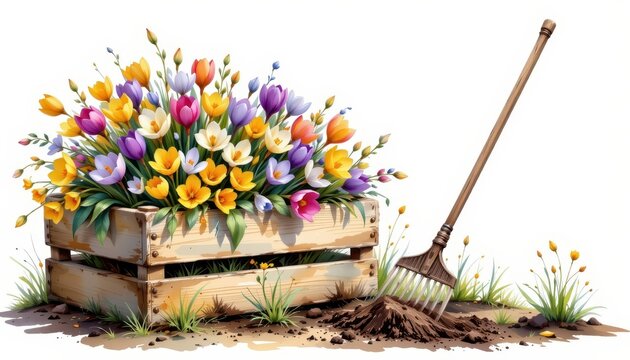 colorful tulips in wooden crate with rake clip art preview