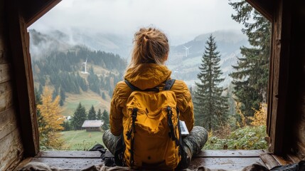 Remote work in a cozy cabin with solar panels, wind power, and a scenic mountain valley view.