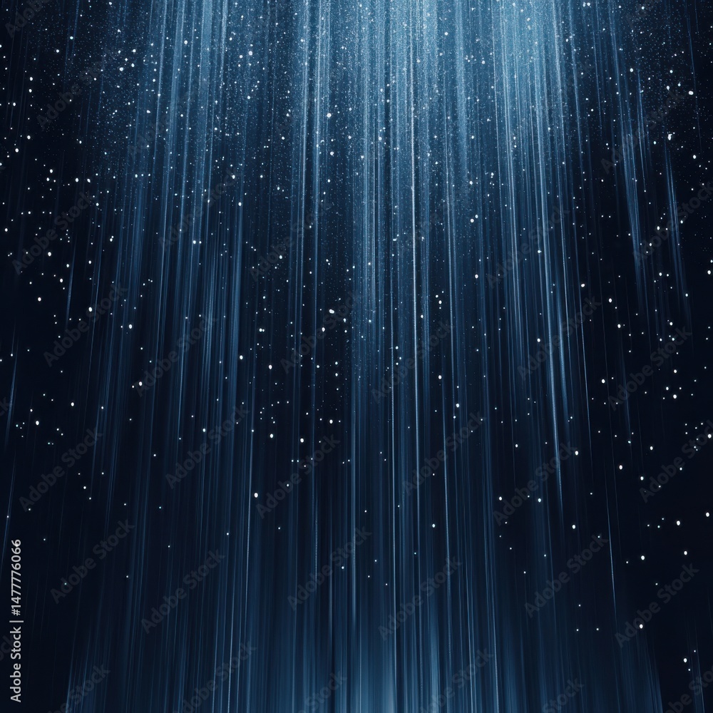 Poster abstract blue light rays and white particles falling down in a vertical direction from above dark ba