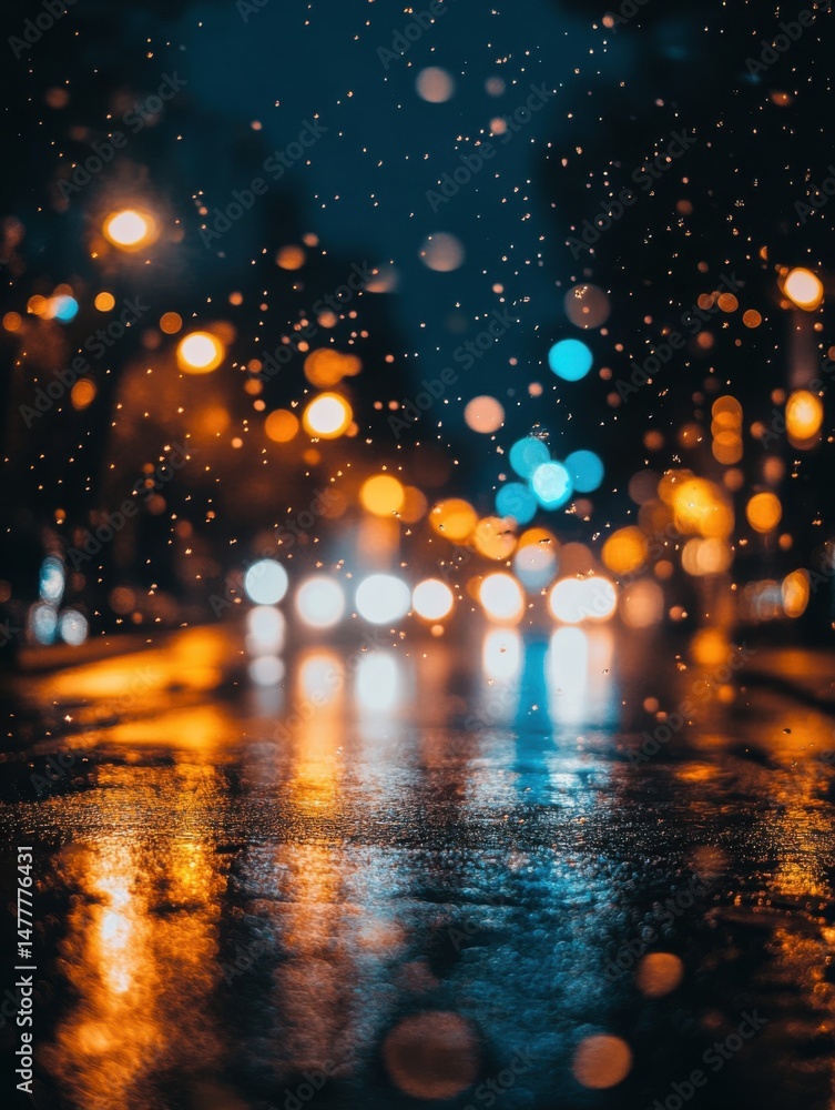 Poster night street scene with bokeh lights and rain reflecting on wet asphalt low angle view in urban sett