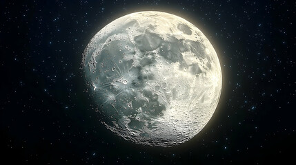 A luminous full moon dominates a dark, star-speckled night sky.  Its surface is detailed, showing craters and varied texture