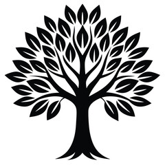 Obraz premium Stylized black silhouette vector of a tree with numerous leaves on a white background, minimalistic design
