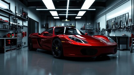 Exquisite red sports car showcased inside a spotless modern garage