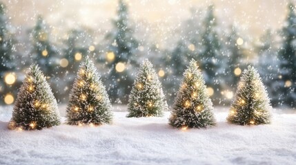 Fototapeta premium Festive miniature Christmas trees in snowy landscape.