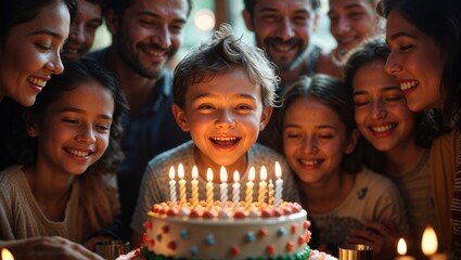A young boy smiles brightly as he prepares to blow out the candles on his birthday cake, surrounded by loved ones.