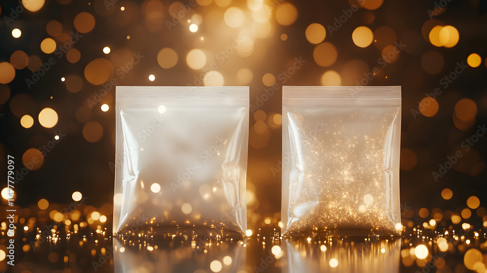 Aufkleber sparkling brilliance: captivating image presents two transparent packets, one empty and the other fi
