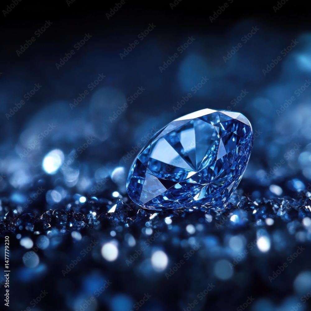 Poster close up of a faceted blue diamond resting on a bed of glittering gems in a studio setting with boke
