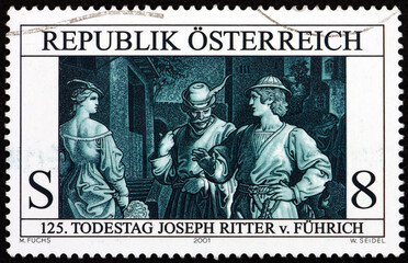 Postage stamp Austria 2001 The Seduction of the Lost Son, Detail, Painting by Joseph Ritter von Fuhrich (1800-1876), Austrian Painter