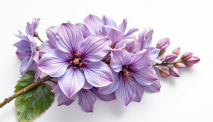 a delicate watercolor lilac flower, its petals soft and translucent, floats serenely on an isolated, white background, ready to grace your artistic creation.