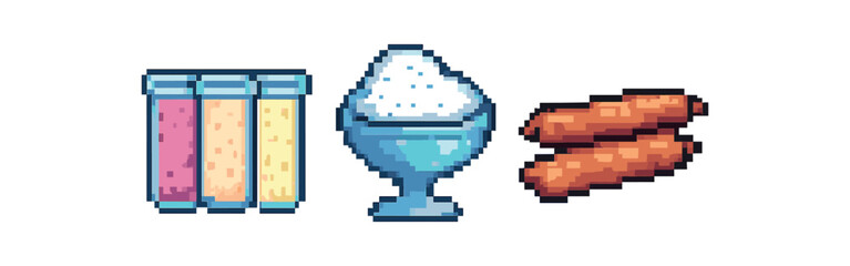 Obraz premium Pixel art icon set with spice jars, salt shaker, and sausages icon vector illustration isolated