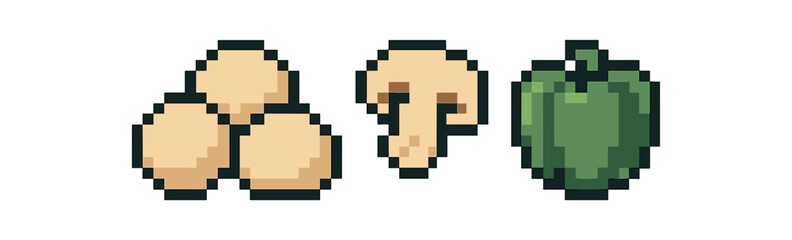 Obraz premium Pixel art vegetables bell pepper, mushroom, and potatoes in retro style icon vector illustration isolated