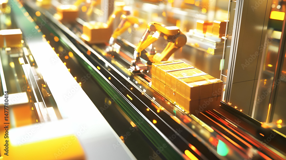 Poster automated assembly line with golden robotic arms