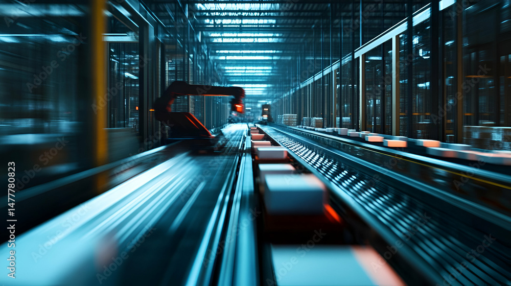 Poster automated factory assembly line with robotic arm