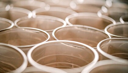 Fototapeta premium Close up Shot of Many Empty Clear Plastic Cups Arranged in Rows Perfect for Backgrounds or Textures