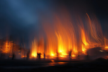 Fototapeta premium Flames blazing upwards at night, their vibrant glow standing out against a blurred dark background, creating a dramatic and dynamic visual effect