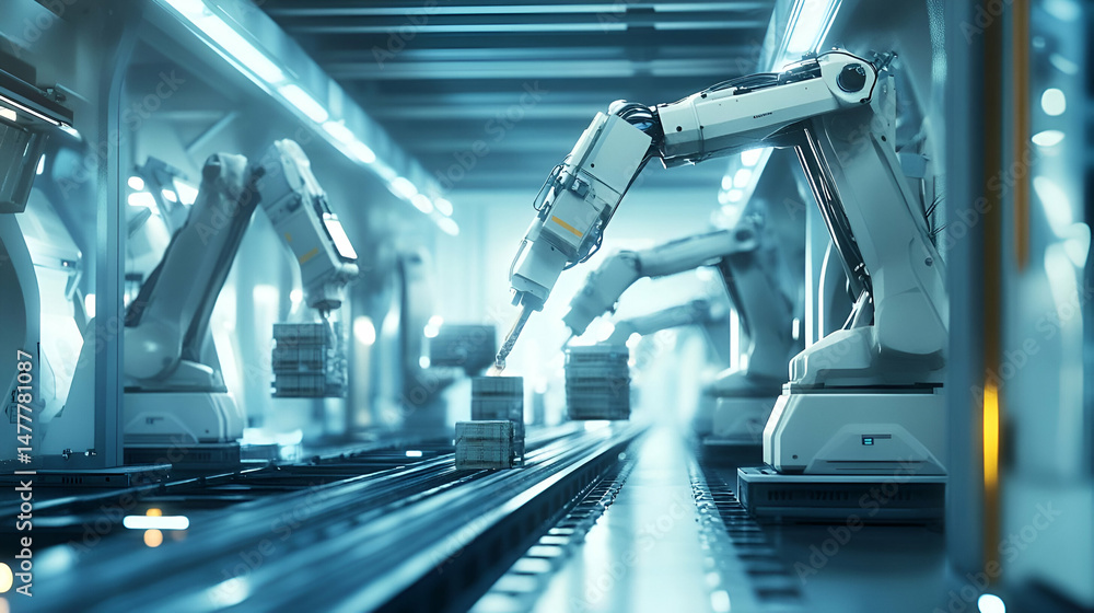 Poster automated manufacturing process with robotic arms on assembly line