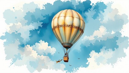 Fototapeta premium a vintage hot air balloon, painted in soft watercolor hues, drifts majestically through a sky of cerulean blue